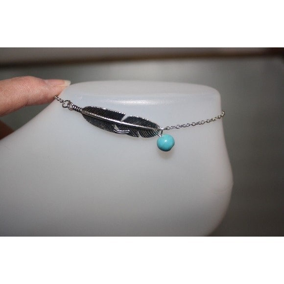 Silver and Turquoise Feather Ankle Bracelet Zinc Alloy Anklet Fashion Jewelry - Picture 3 of 4